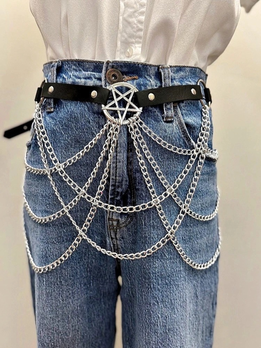 Gothic Pentagram Chain Belt Black Faux Leather Silver Layered Waist Belt